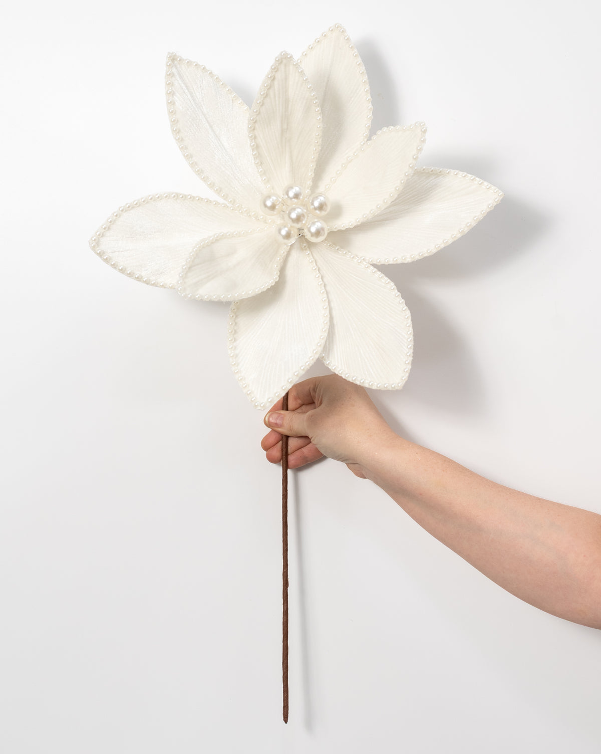 14" x 25" Beaded Velvet Poinsettia & Pearls Stem: Ivory Cream