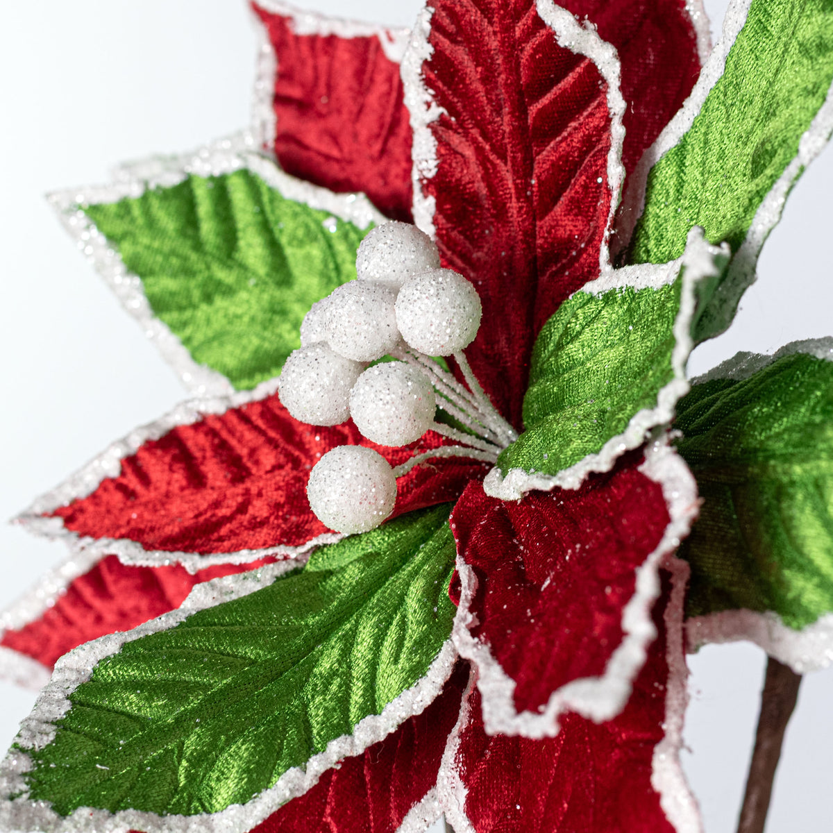 12" x 25" Velvet Snow Edge Poinsettia Stem: Green, Red & White