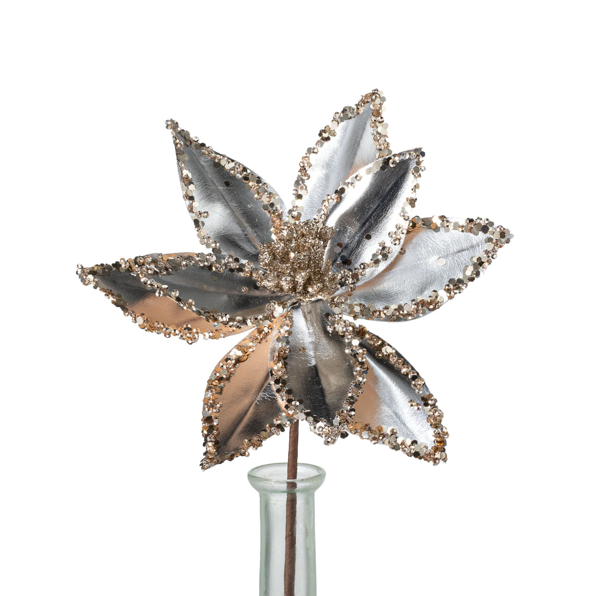 7.5" x 14" Mini Metallic Sequin Edge Poinsettia Stem: Platinum