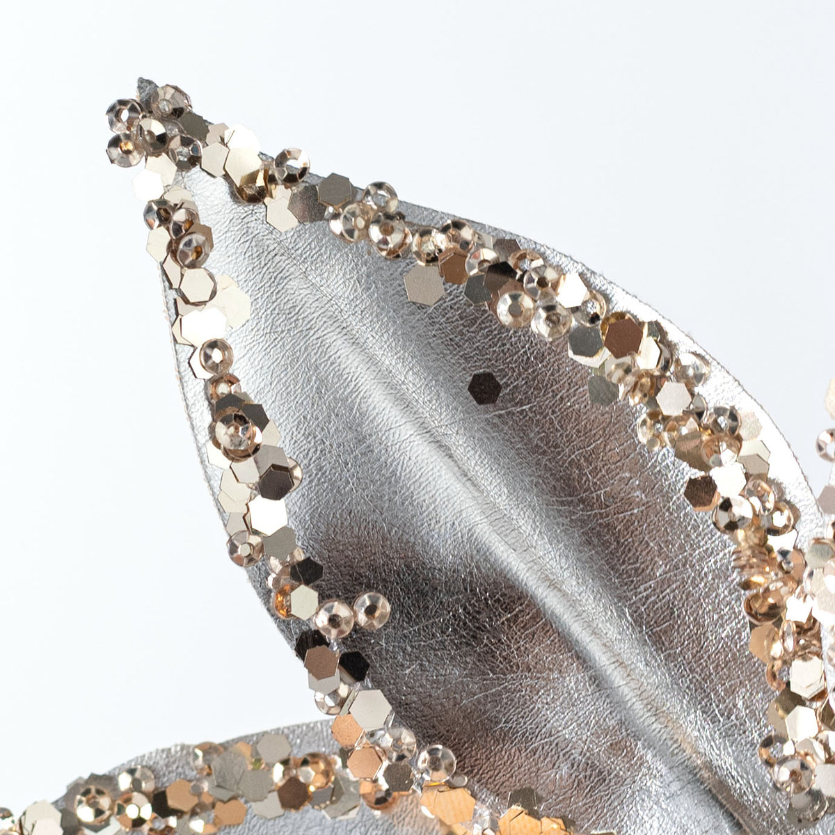 7.5" x 14" Mini Metallic Sequin Edge Poinsettia Stem: Platinum