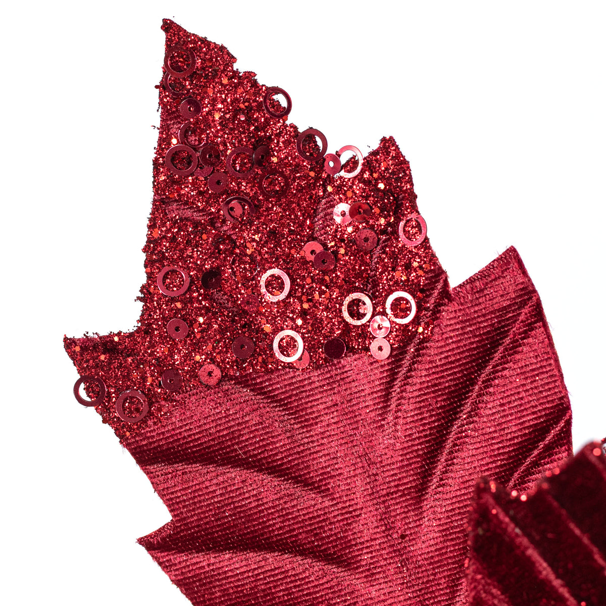 13" x 18" Velvet Sequined Poinsettia Stem: Burgundy Red