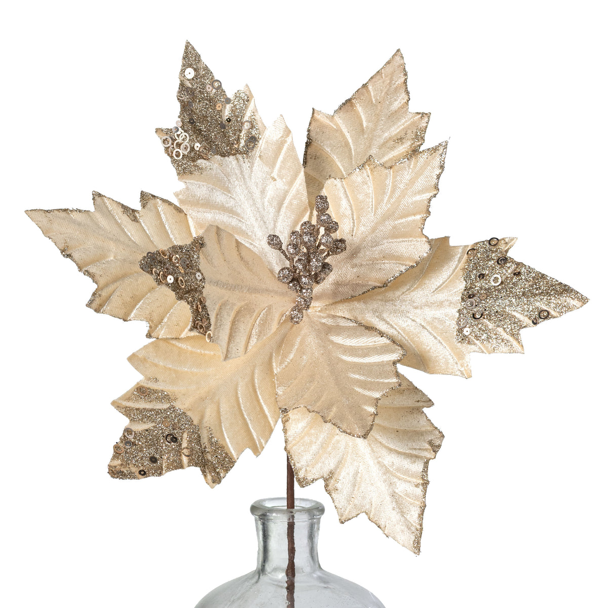 13" x 18" Velvet Sequined Poinsettia Stem: Cream Champagne