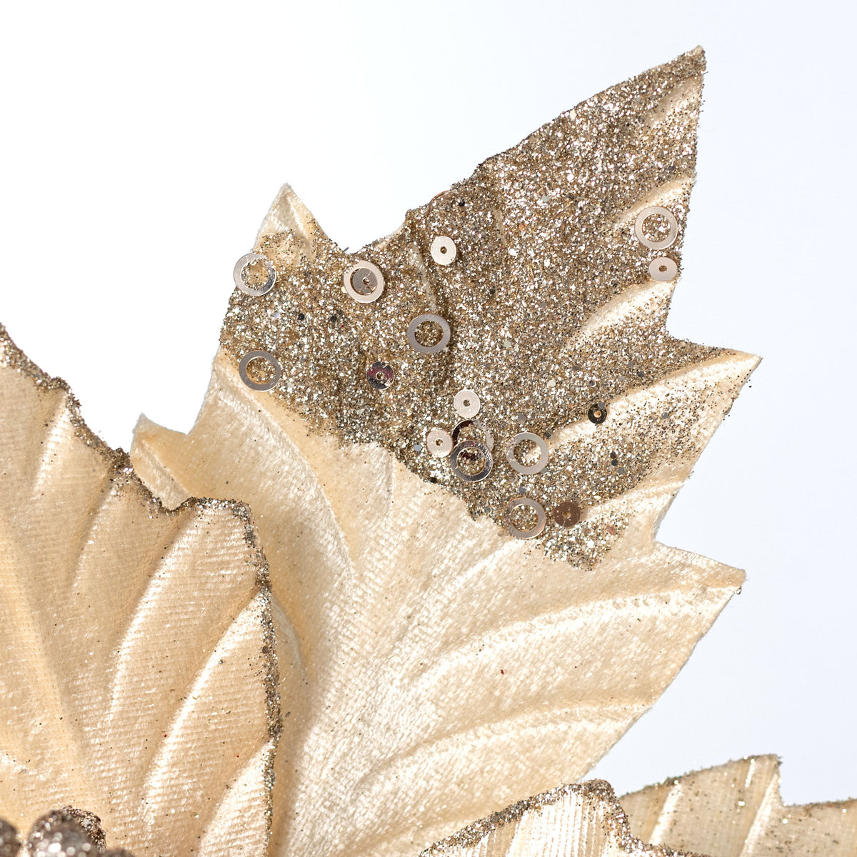 13" x 18" Velvet Sequined Poinsettia Stem: Cream Champagne