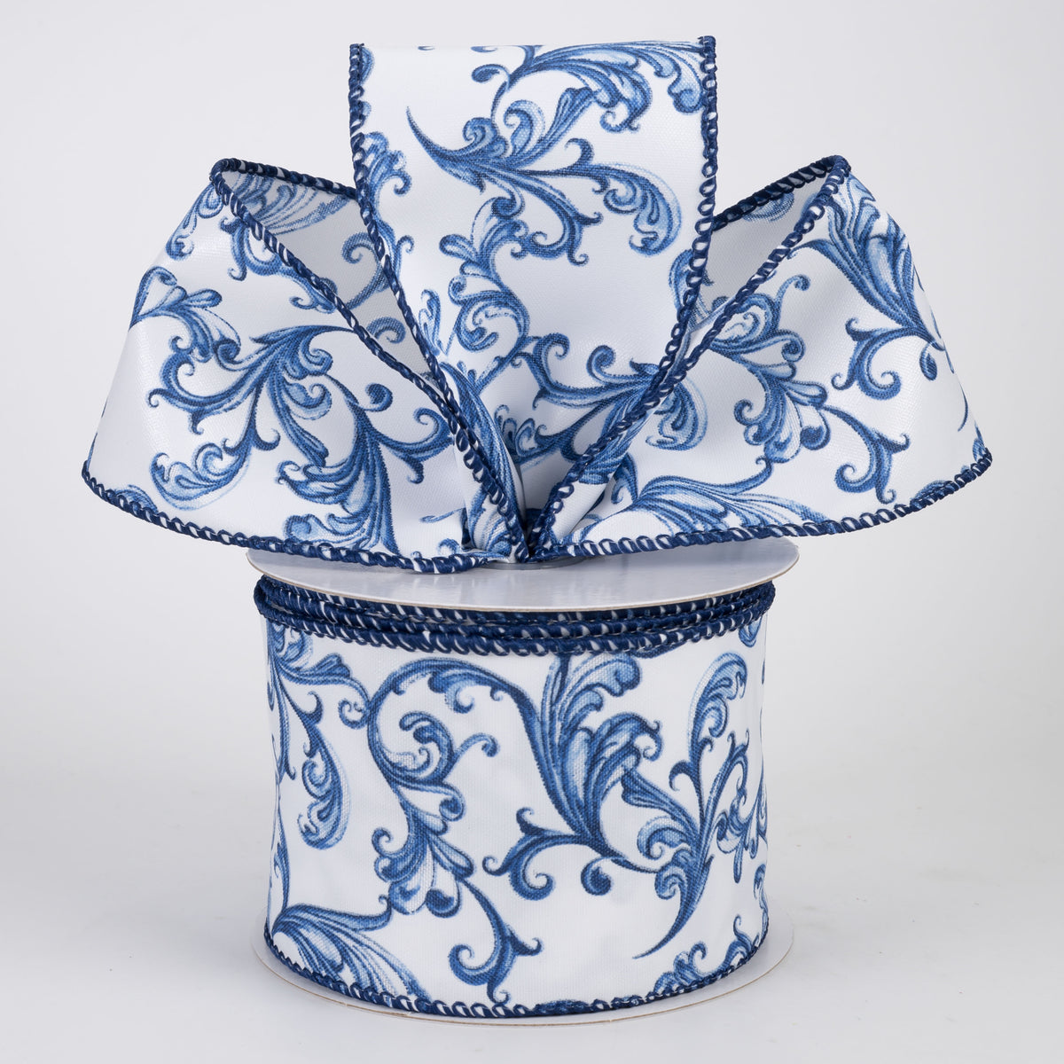 2.5" Chinoiserie Swirls on Glass Satin Ribbon: Blue & White (10 Yards)