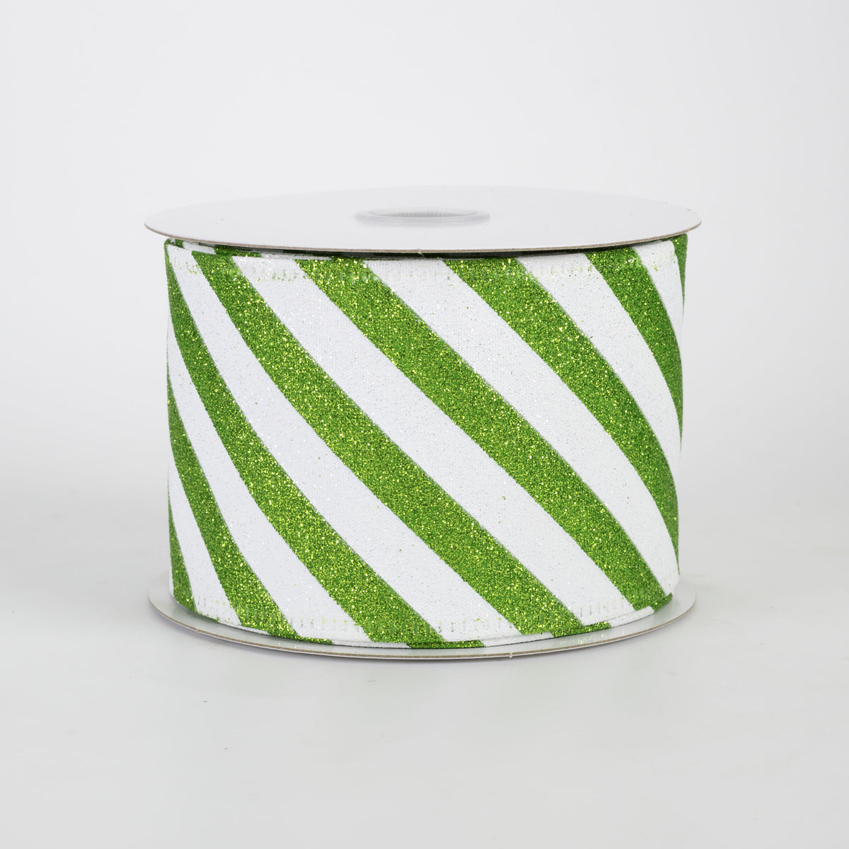 2.5" All Flat Glitter Candy Cane Stripe Ribbon: Lime Green & White (10 Yards)