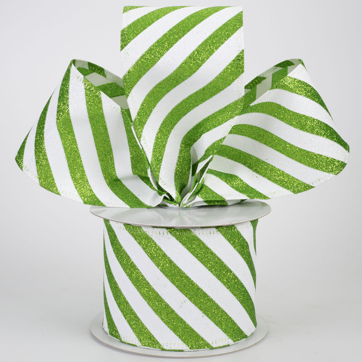 2.5" All Flat Glitter Candy Cane Stripe Ribbon: Lime Green & White (10 Yards)