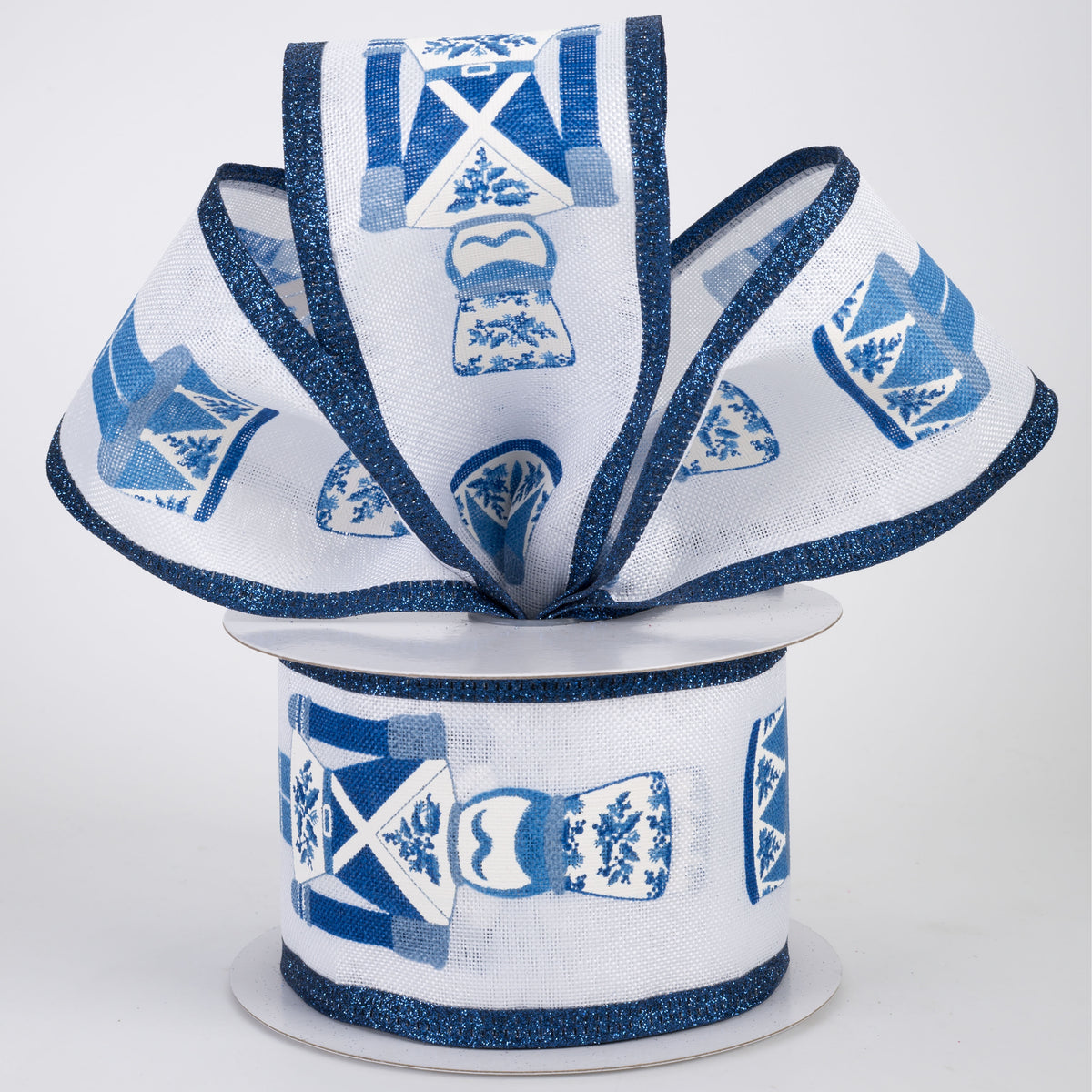 2.5" Glittered Chinoiserie Nutcracker Ribbon: Blue & White (10 Yards)