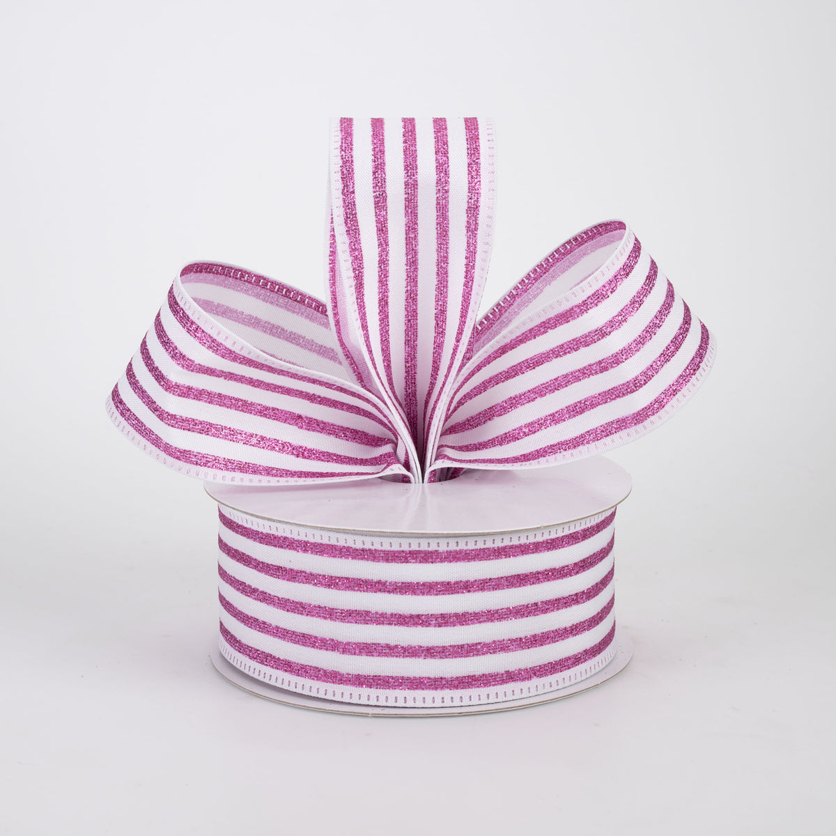 1.5" Glitter Cabana Stripe Ribbon: Fuchsia Pink on White (10 Yards)