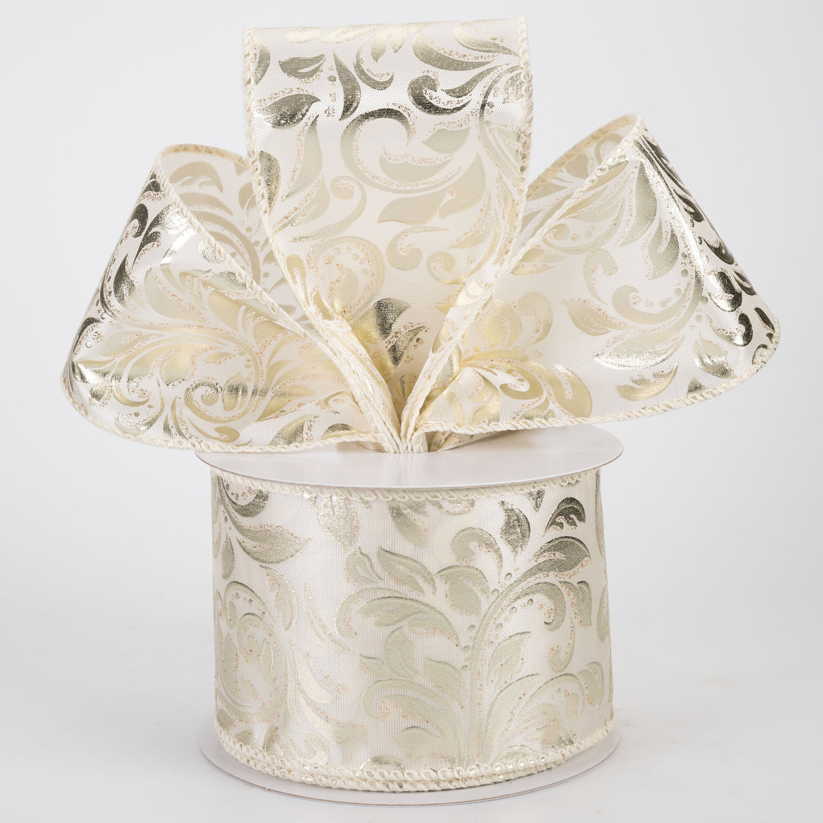 2.5" Floral Swirls Embossed Satin Ribbon: Champagne Gold on Cream (10 Yards)