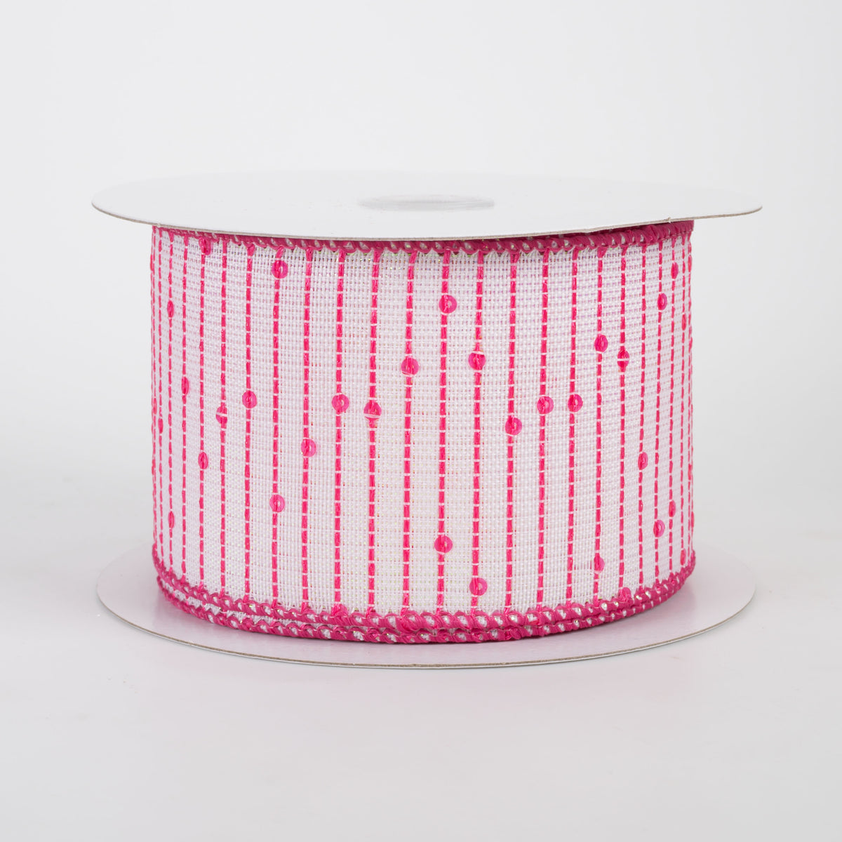 2.5" Woven Sequined Stripes Ribbon: Iridescent, White & Fuchsia Pink (10 Yards)