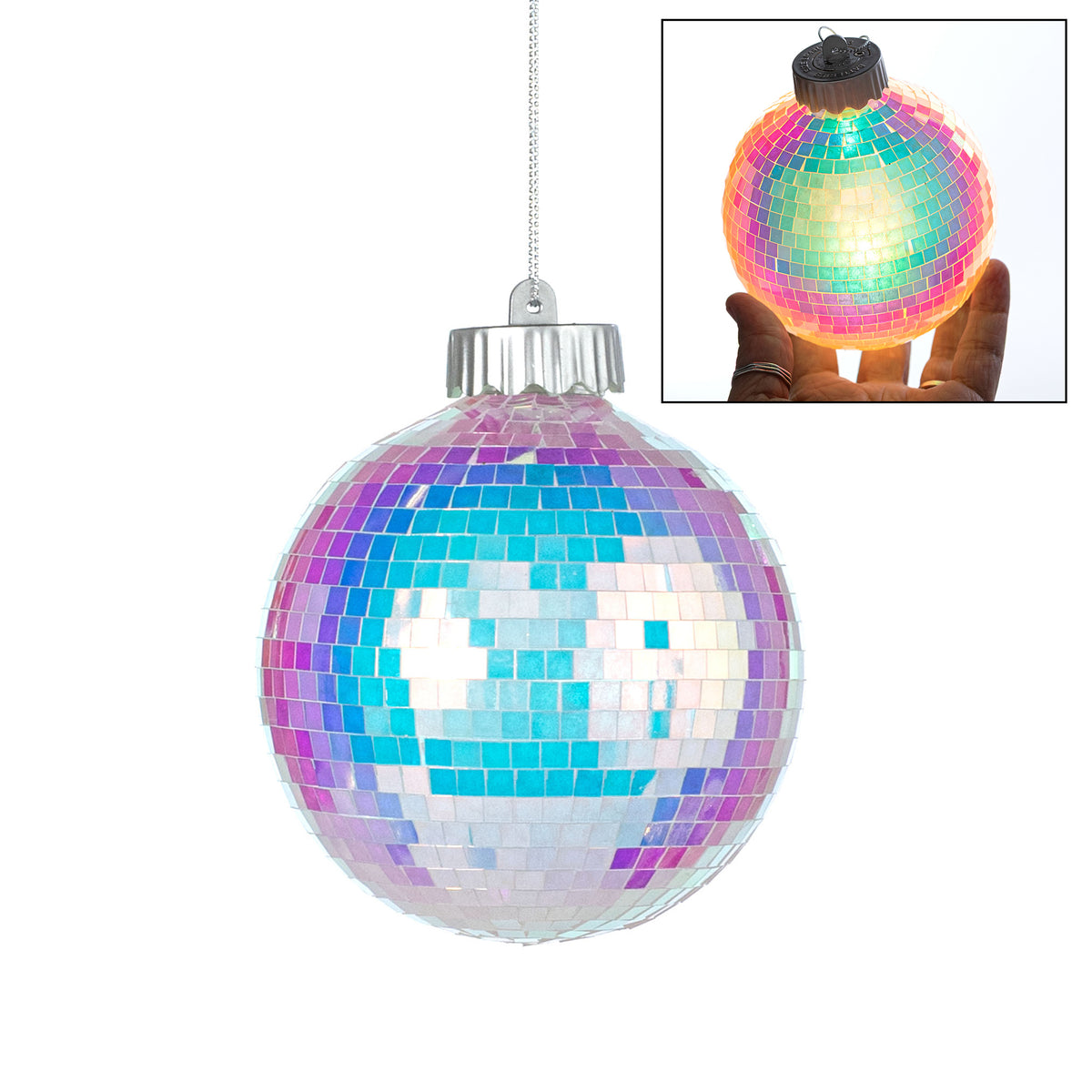 100mm Light-Up Mirror Disco Ball Ornament: Iridescent White