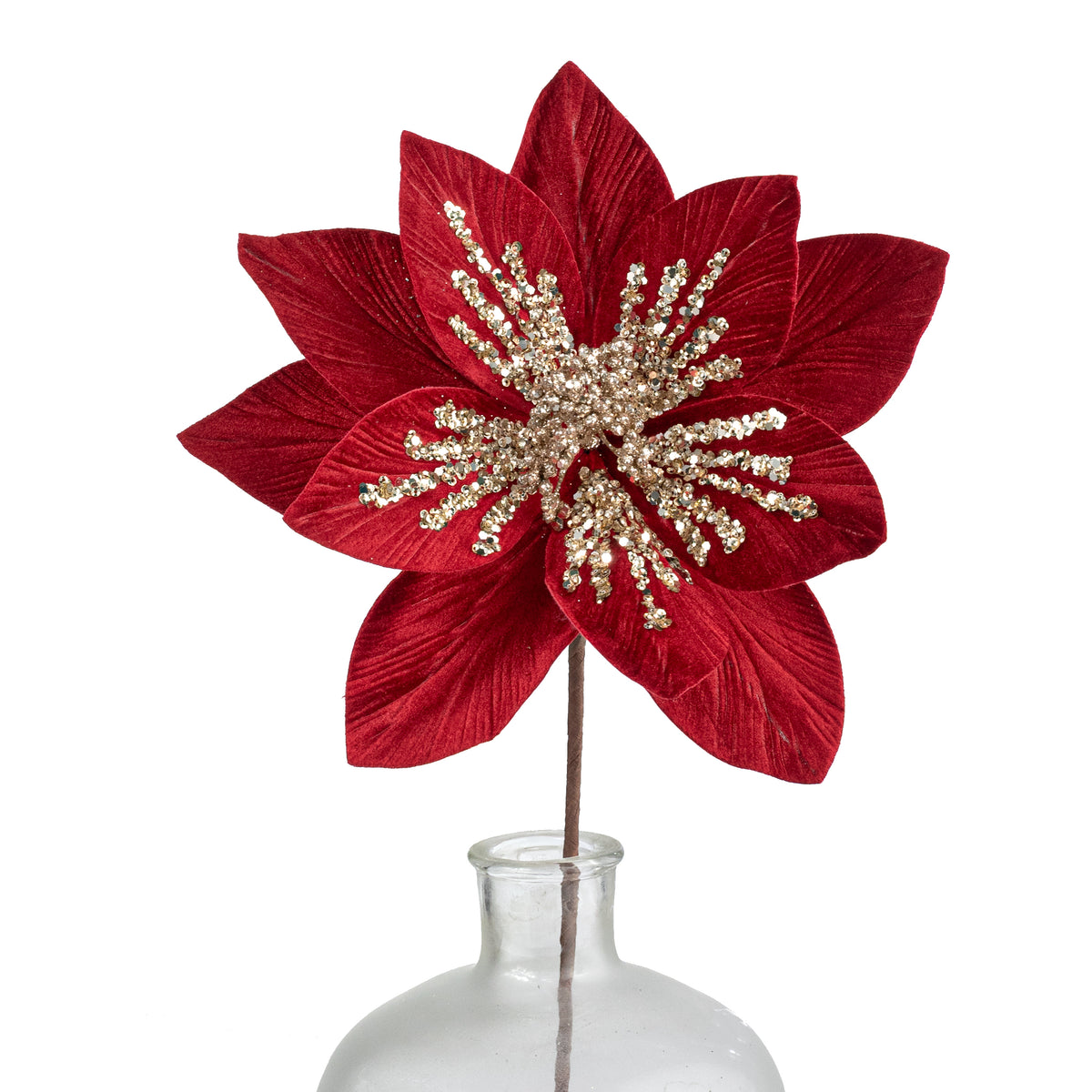 11" x 22" Sequined Velvet Poinsettia Stem: Red & Champagne