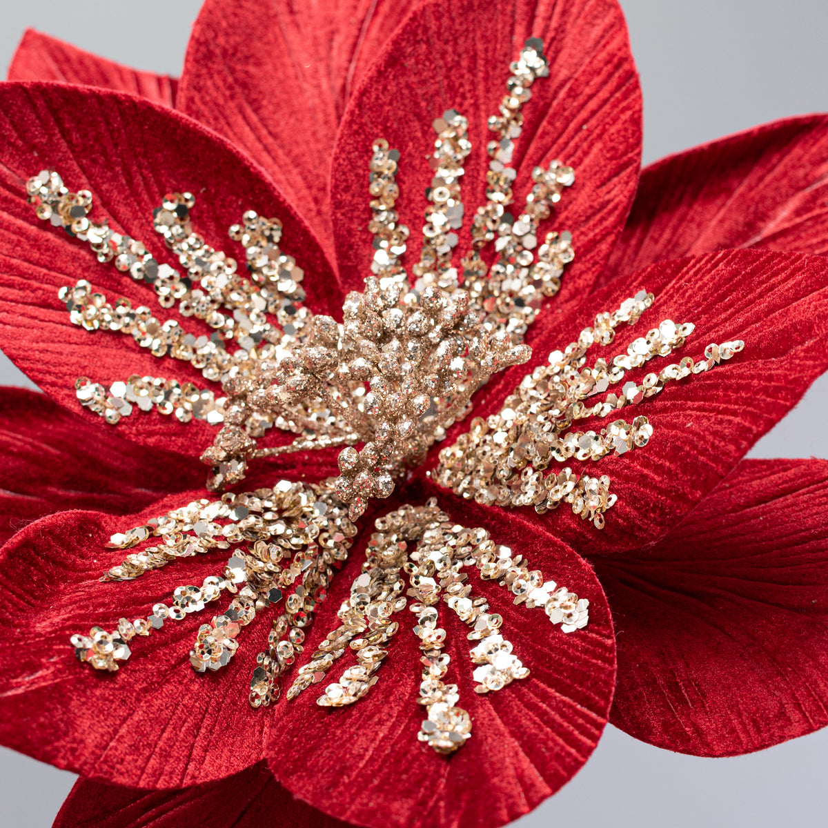 11" x 22" Sequined Velvet Poinsettia Stem: Red & Champagne