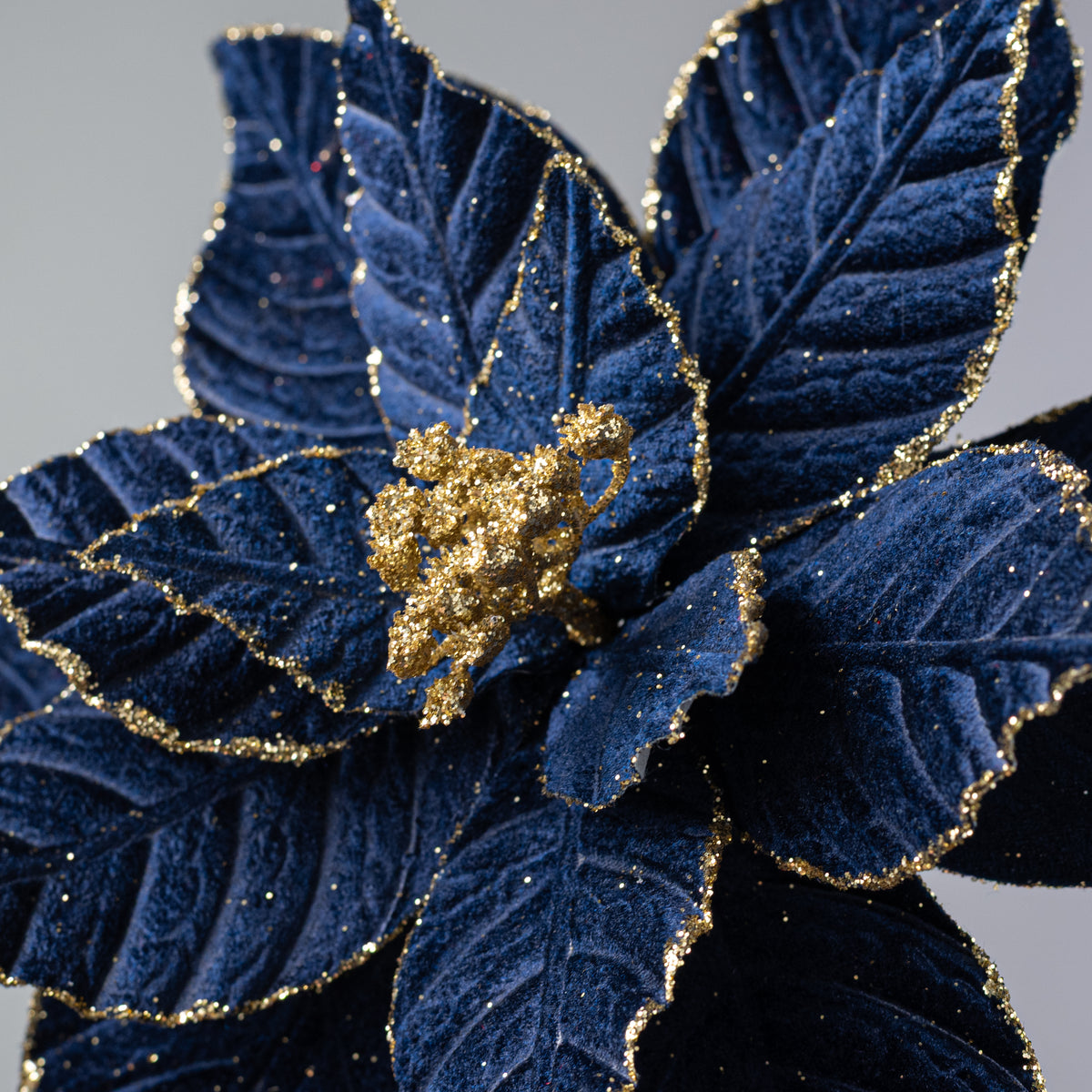 11.5" x 25" Glittered Velvet Poinsettia Stem: Navy Blue & Gold