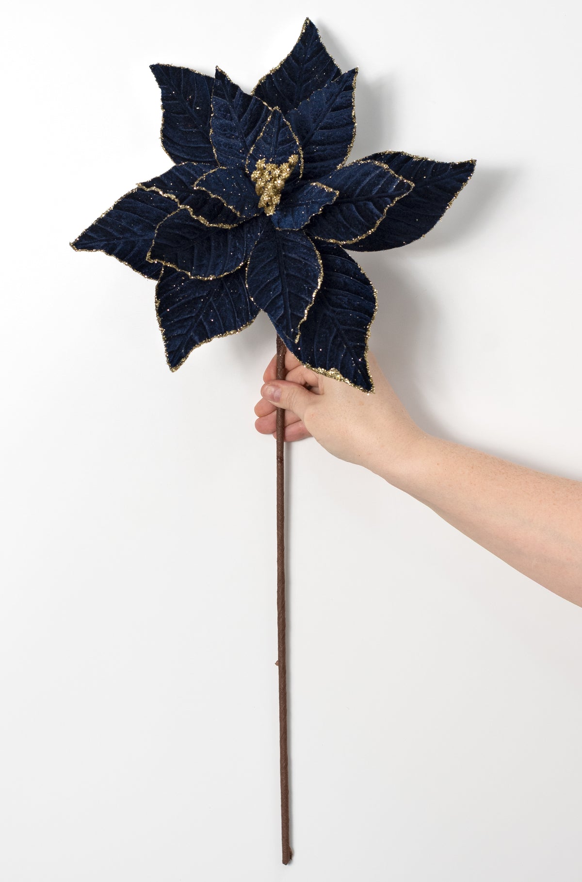 11.5" x 25" Glittered Velvet Poinsettia Stem: Navy Blue & Gold