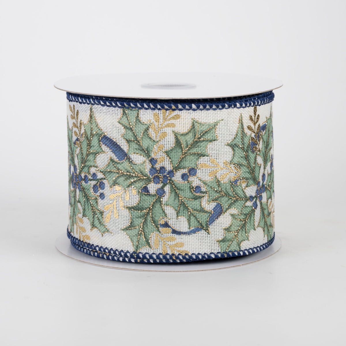 2.5" Linen Holly & Gold Embossed Leaves Ribbon: Blue on Ivory (10 Yards)