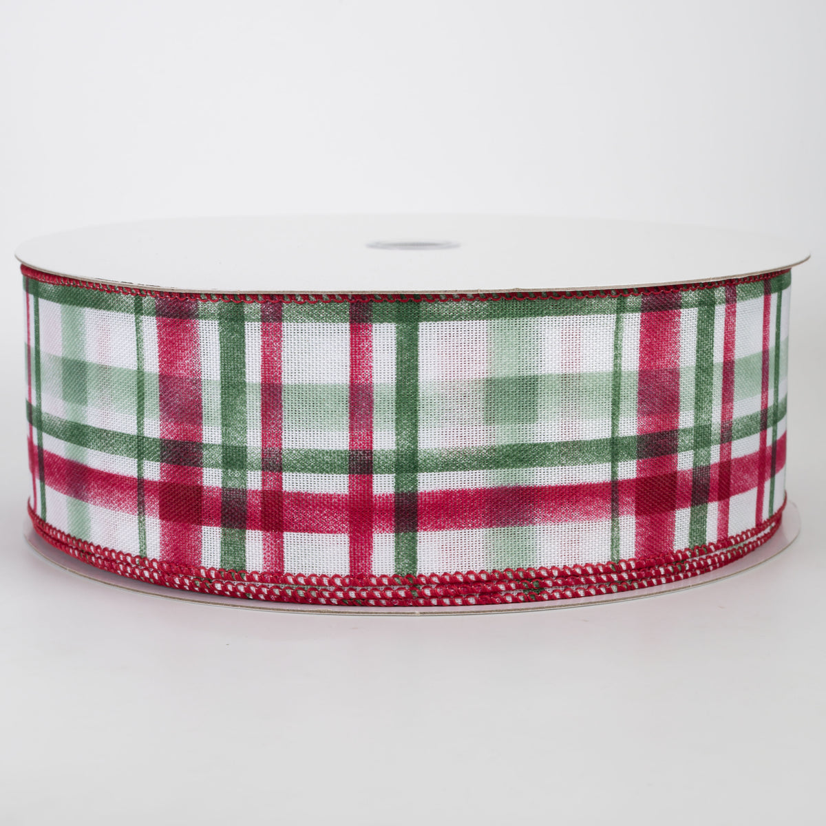 2.5" Linen Tuttola Plaid Ribbon: Cranberry Christmas on White (50 Yards)