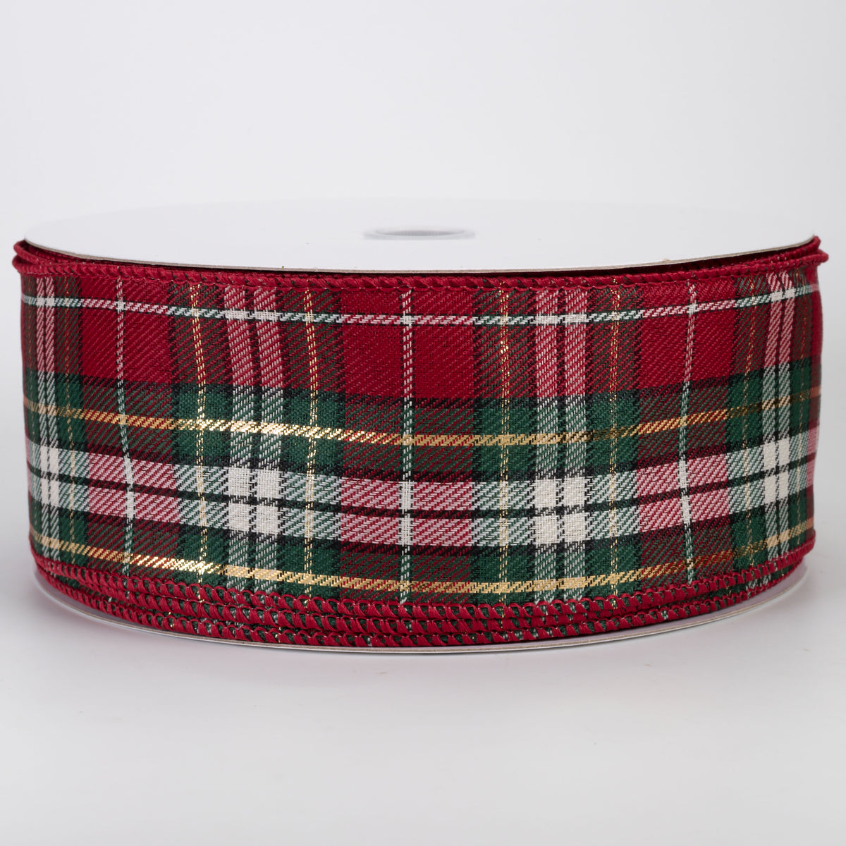 2.5" Woven Pippa Christmas Plaid Ribbon: Hunter, Red & Metallic Gold (50 Yards)