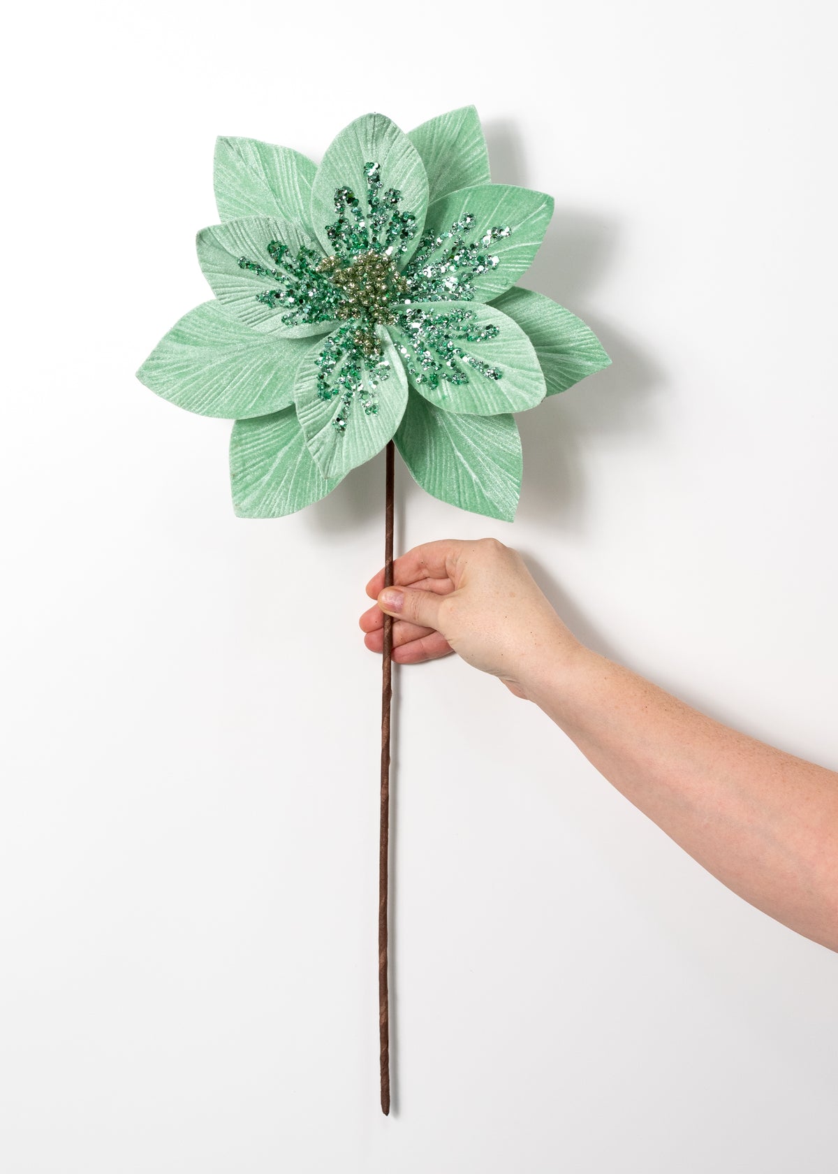 11" x 22" Sequined Velvet Poinsettia Stem: Mint Green