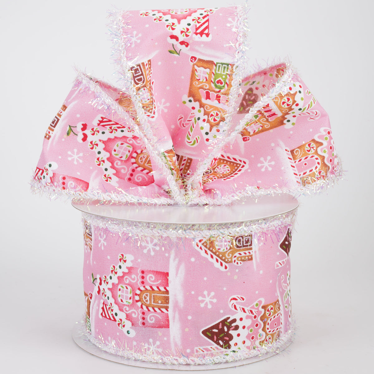 2.5" Tinsel Edge Gingerbread Sweet Shop Ribbon: Pink (10 Yards)
