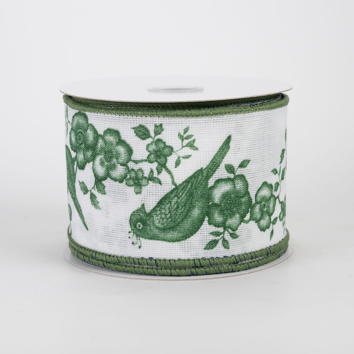 2.5" Linen Chinoiserie Bird Garland Ribbon: Sage Green on White (10 Yards)