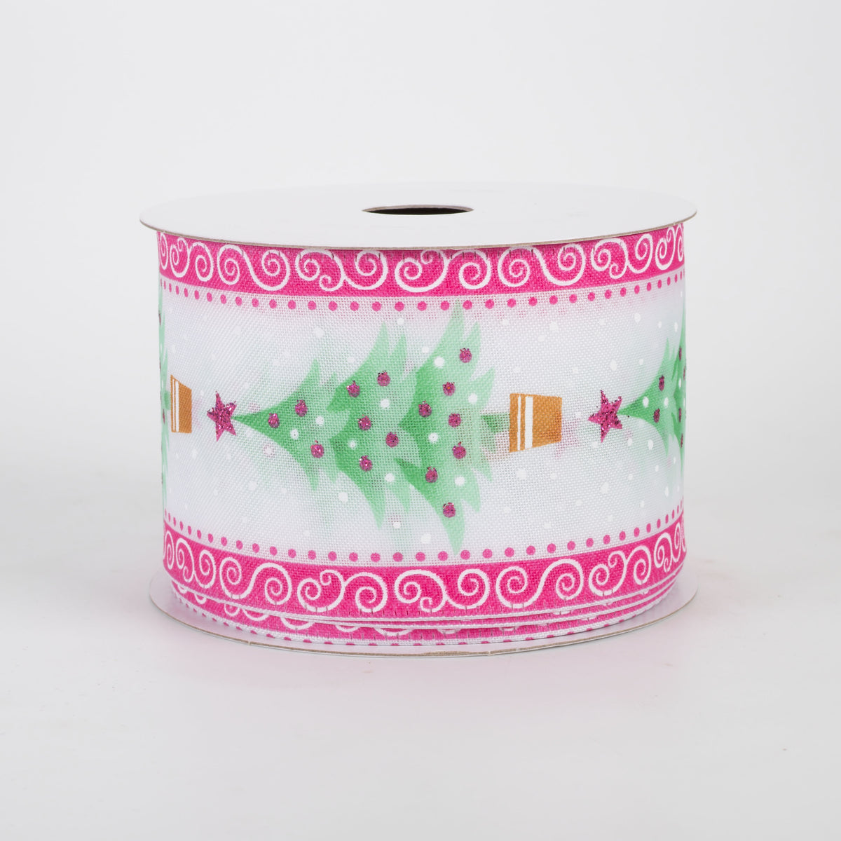 2.5" Christmas Trees & Swirl Edges Ribbon: Mint & Pink (10 Yards)
