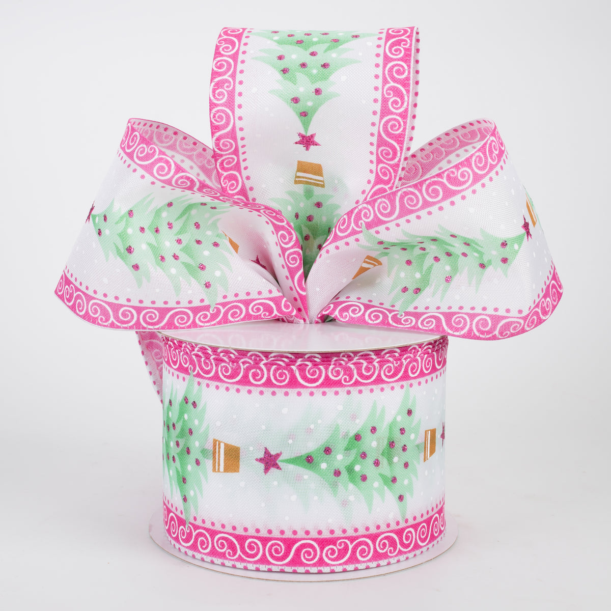 2.5" Christmas Trees & Swirl Edges Ribbon: Mint & Pink (10 Yards)