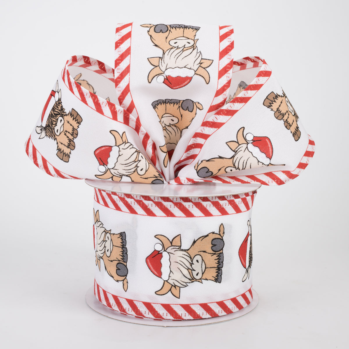 2.5" Christmas Highland Cows Candy Cane Edge Ribbon: White (10 Yards)