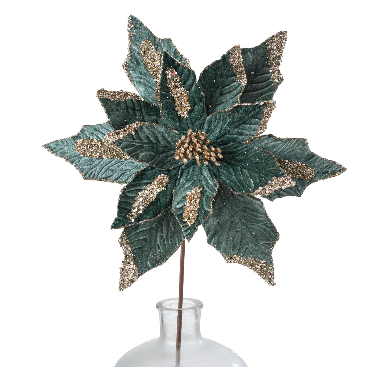 13" x 20" Sequined Velvet Poinsettia Stem: Dusty Teal & Champagne