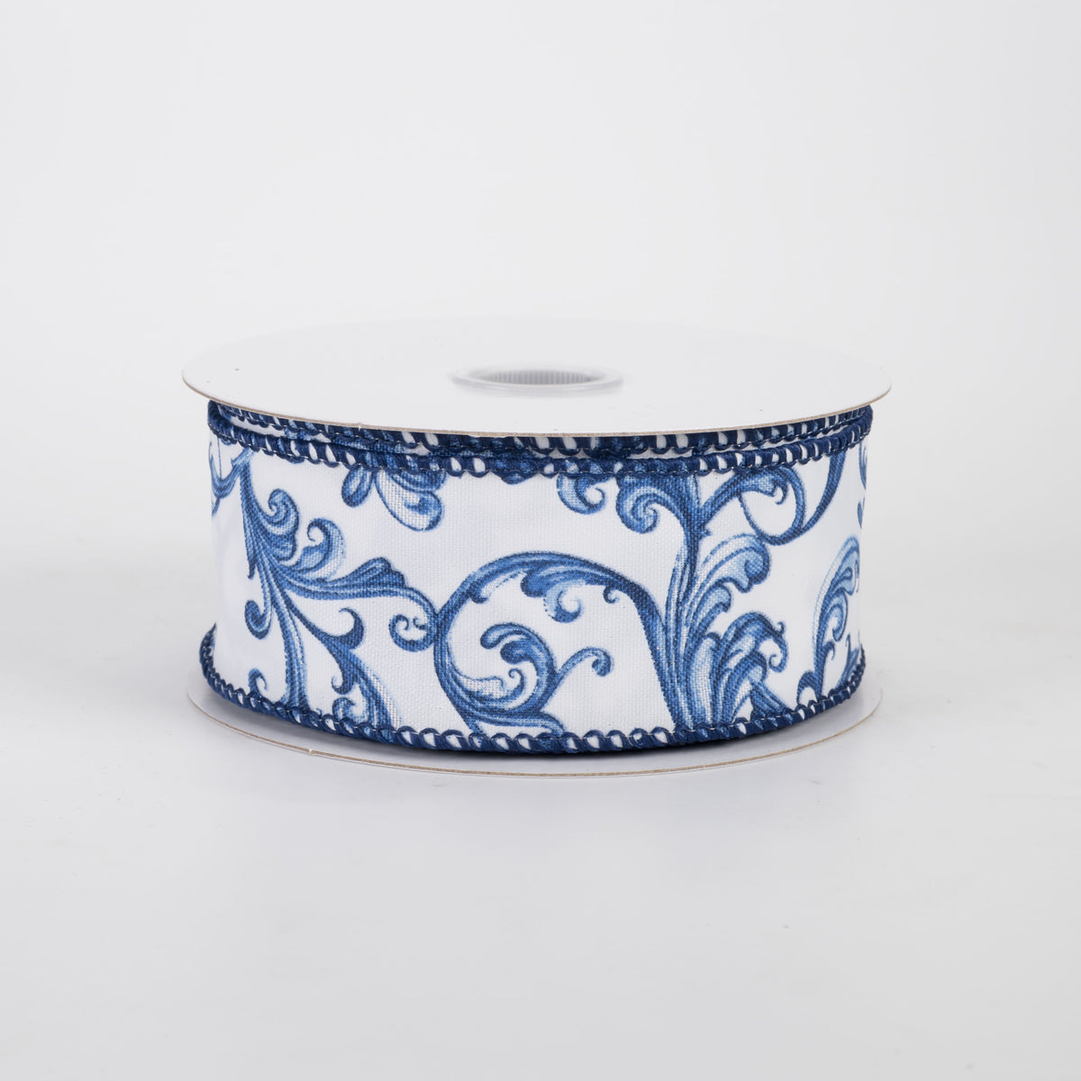 1.5" Chinoiserie Swirls on Glass Satin Ribbon: Blue & White (10 Yards)