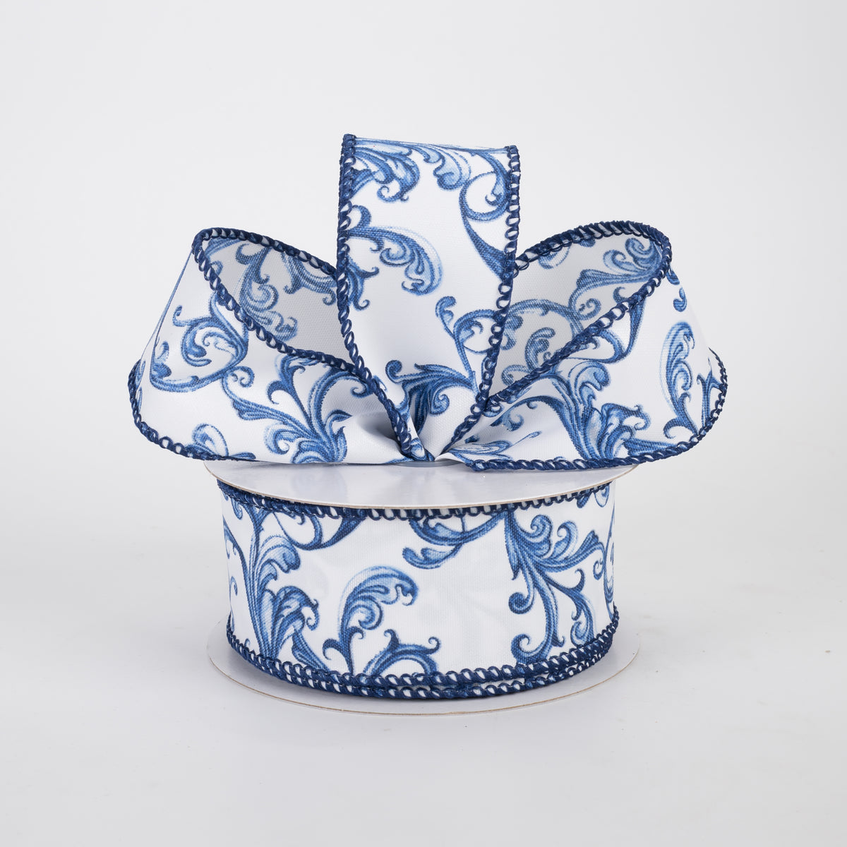 1.5" Chinoiserie Swirls on Glass Satin Ribbon: Blue & White (10 Yards)