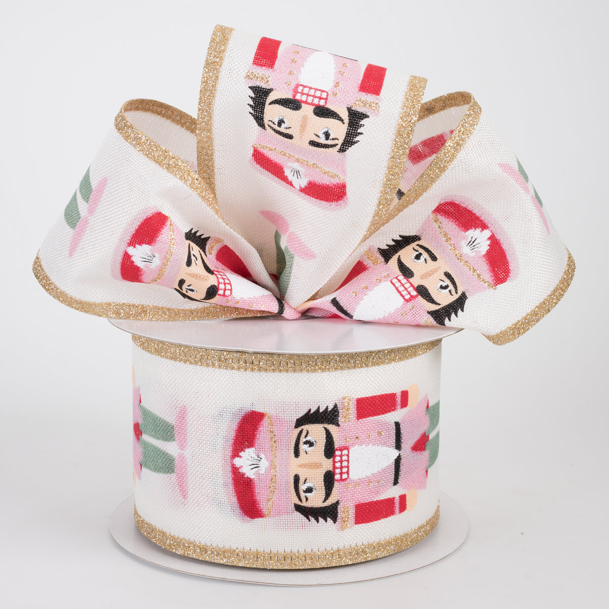 2.5" Cutesy Nutcracker Glitter Edge Ribbon: Pink & Green (10 Yards)
