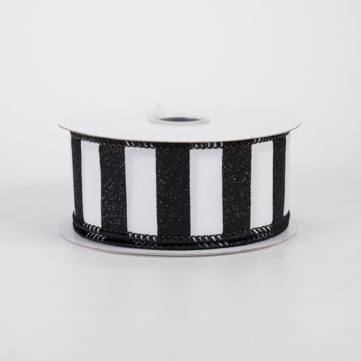 1.5" Horizontal Glitter Stripes Ribbon: Black on White (10 Yards)