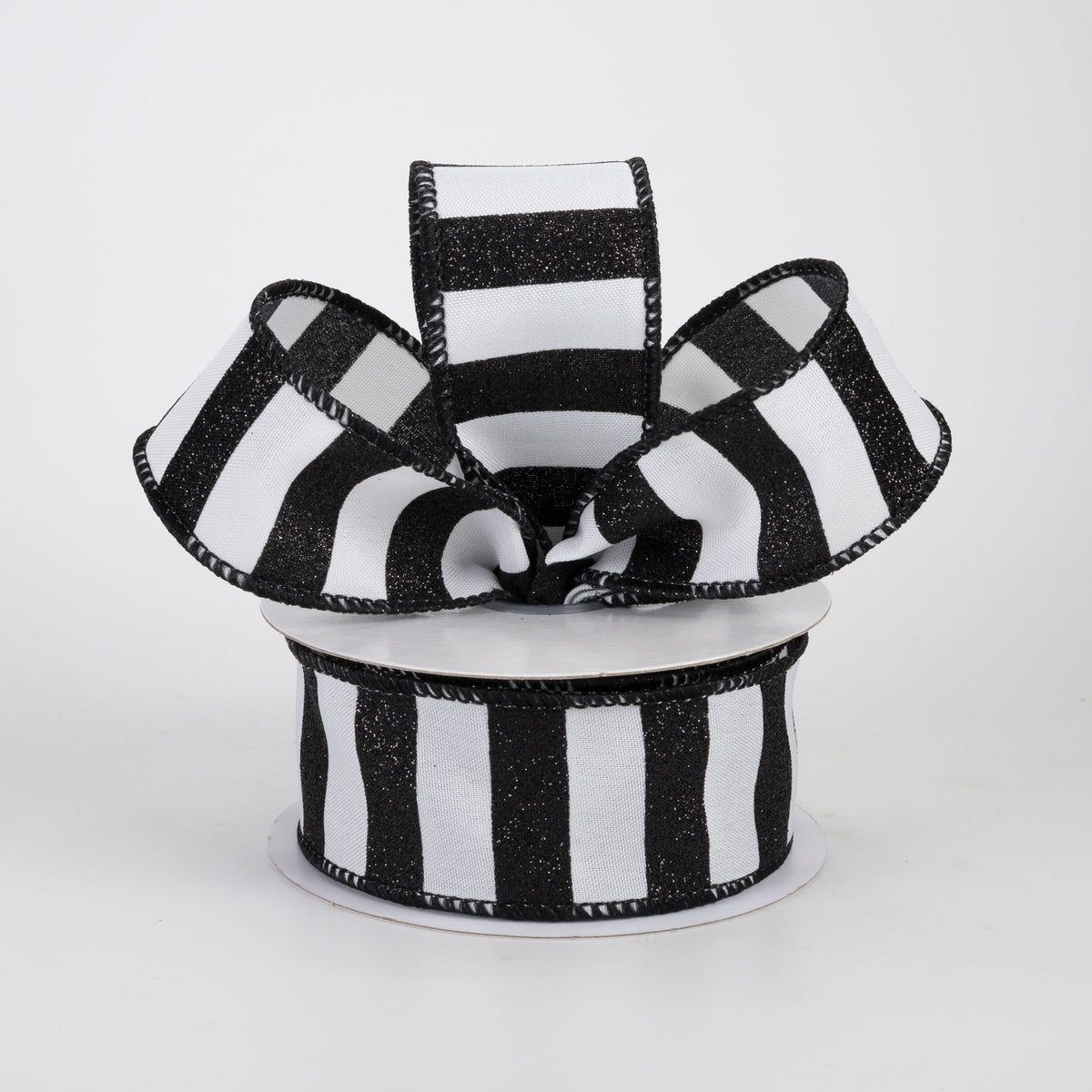 1.5" Horizontal Glitter Stripes Ribbon: Black on White (10 Yards)