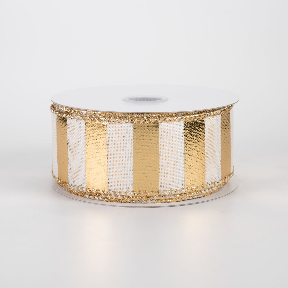 1.5" Linen Embossed Metallic Stripes Ribbon: Gold on White (10 Yards)