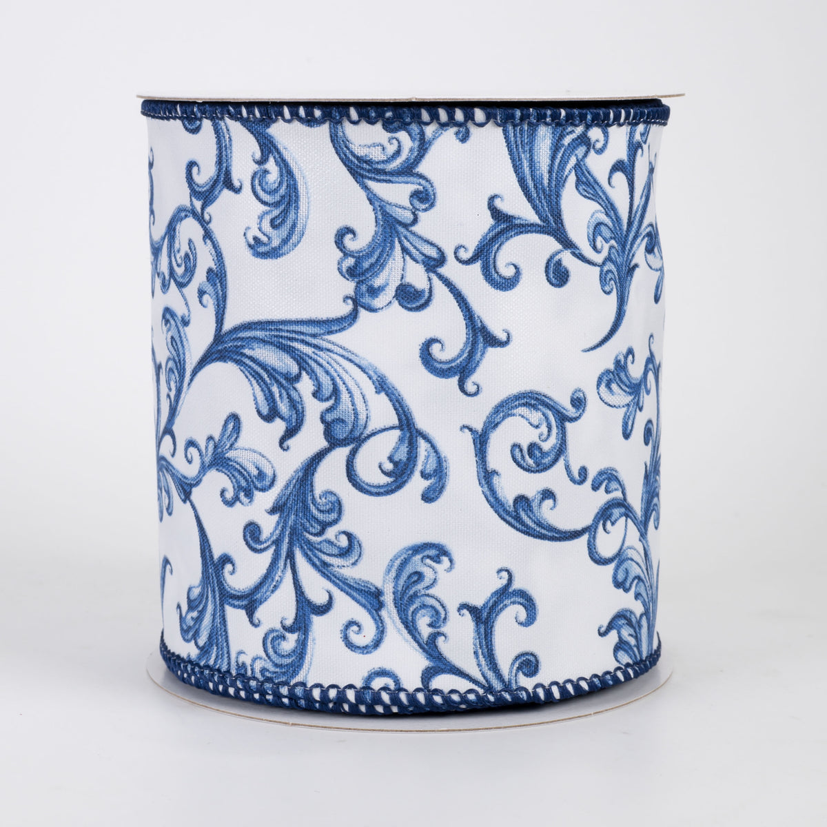 4" Chinoiserie Swirls on Glass Satin Ribbon: Blue & White (10 Yards)