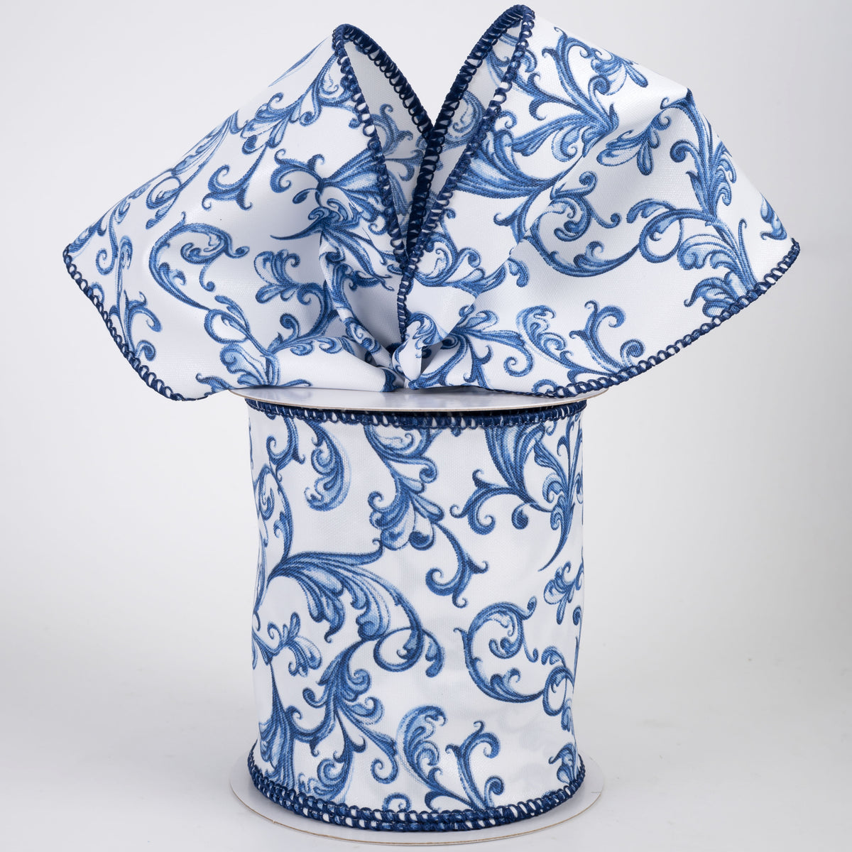 4" Chinoiserie Swirls on Glass Satin Ribbon: Blue & White (10 Yards)