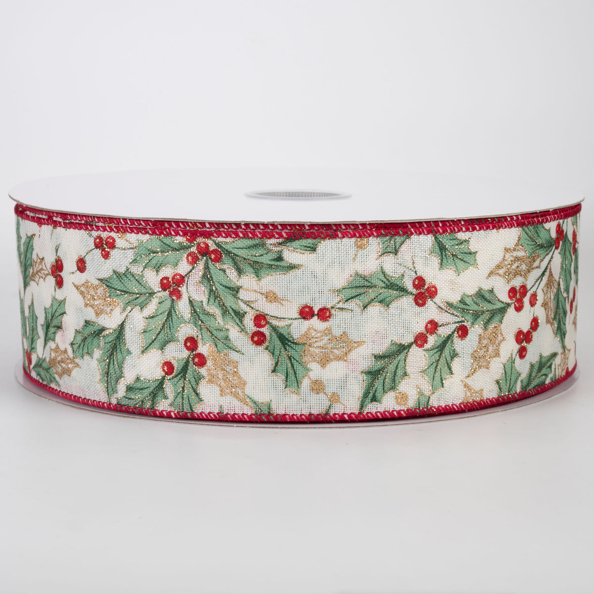 2.5" Linen Sage Holly Leaves & Berries Ribbon: Ivory (50 Yards)
