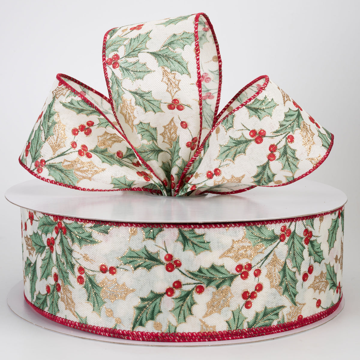 2.5" Linen Sage Holly Leaves & Berries Ribbon: Ivory (50 Yards)