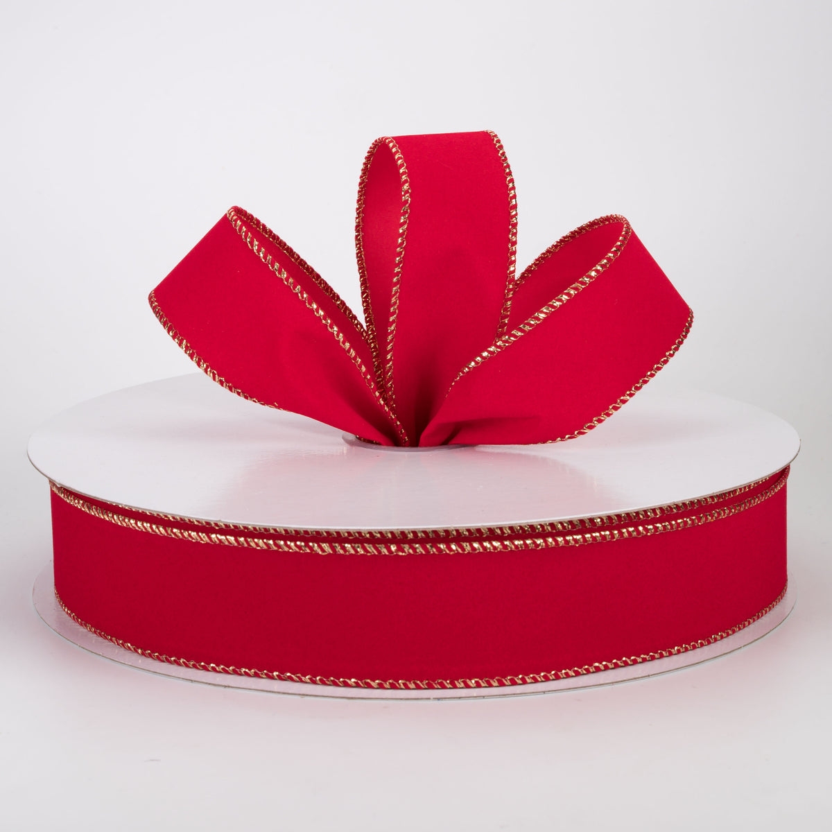 1.5" Stitched Edge Velvet Ribbon: Holiday Red with Gold (50 Yards)