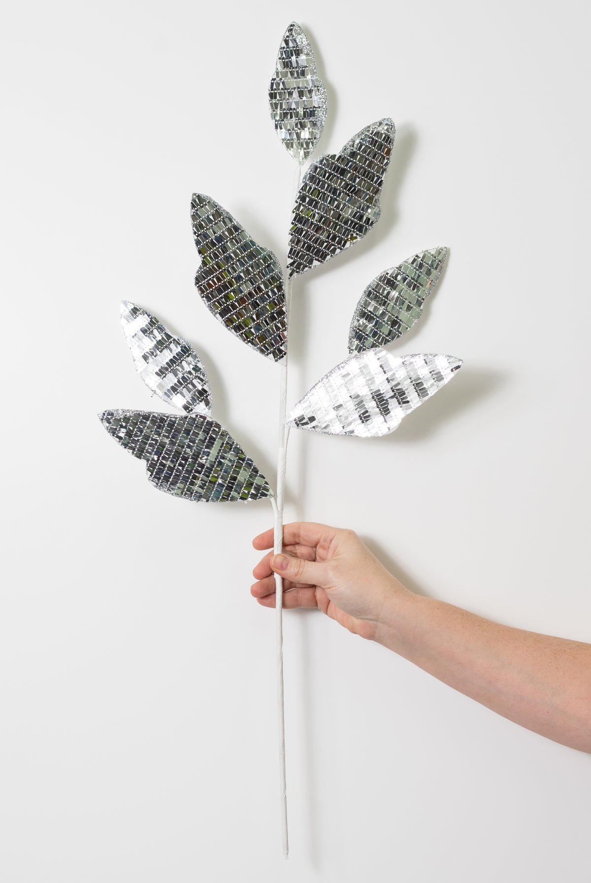 29" Sequin Fabric Leaf Spray: Silver