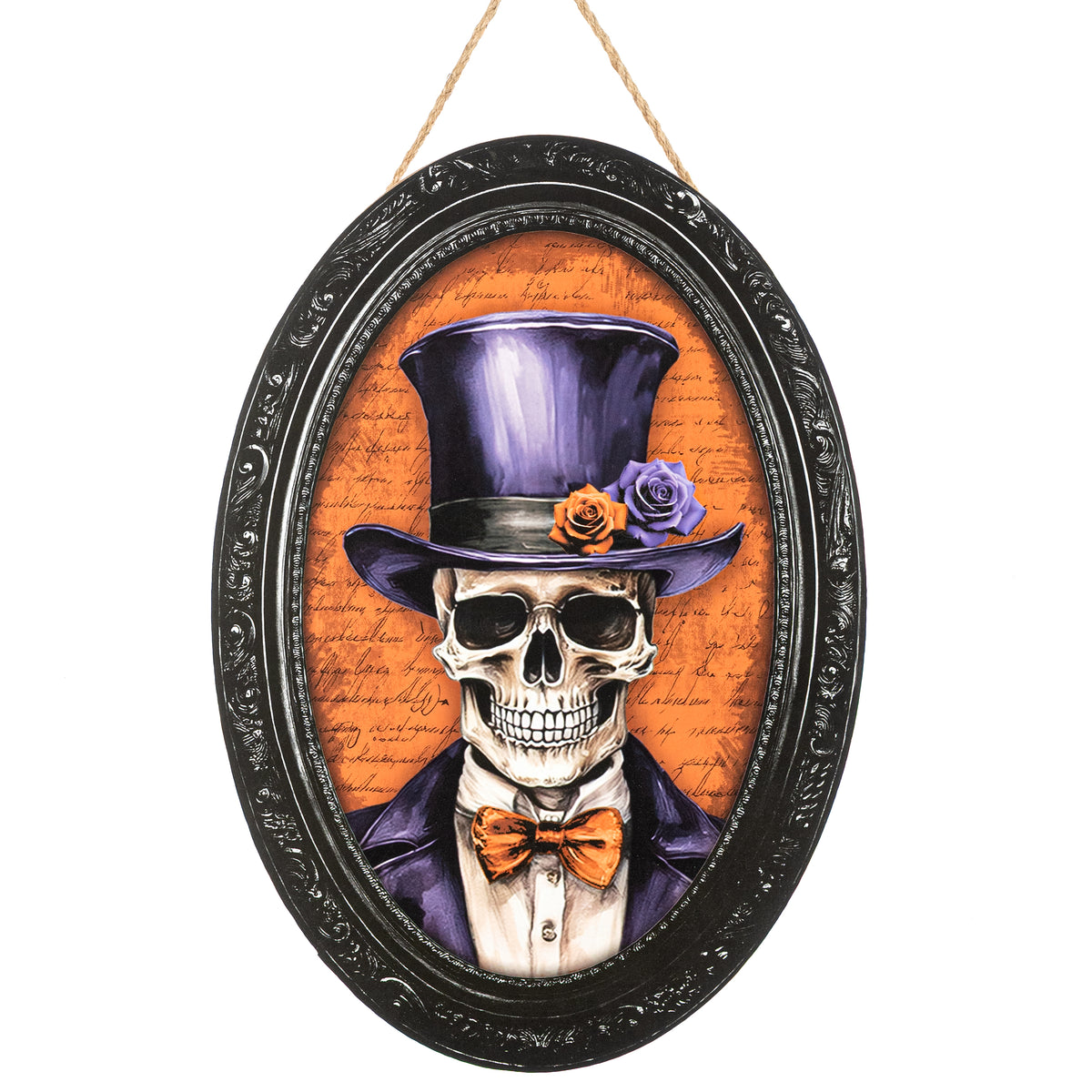 13" Oval Wooden Sign: Framed Skeleton Portrait