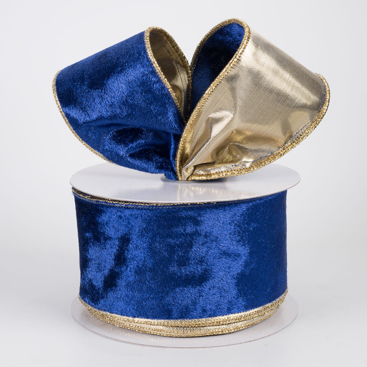 2.5" Lush Velvet Metallic Backed Ribbon: Deep Blue & Gold (10 Yards)