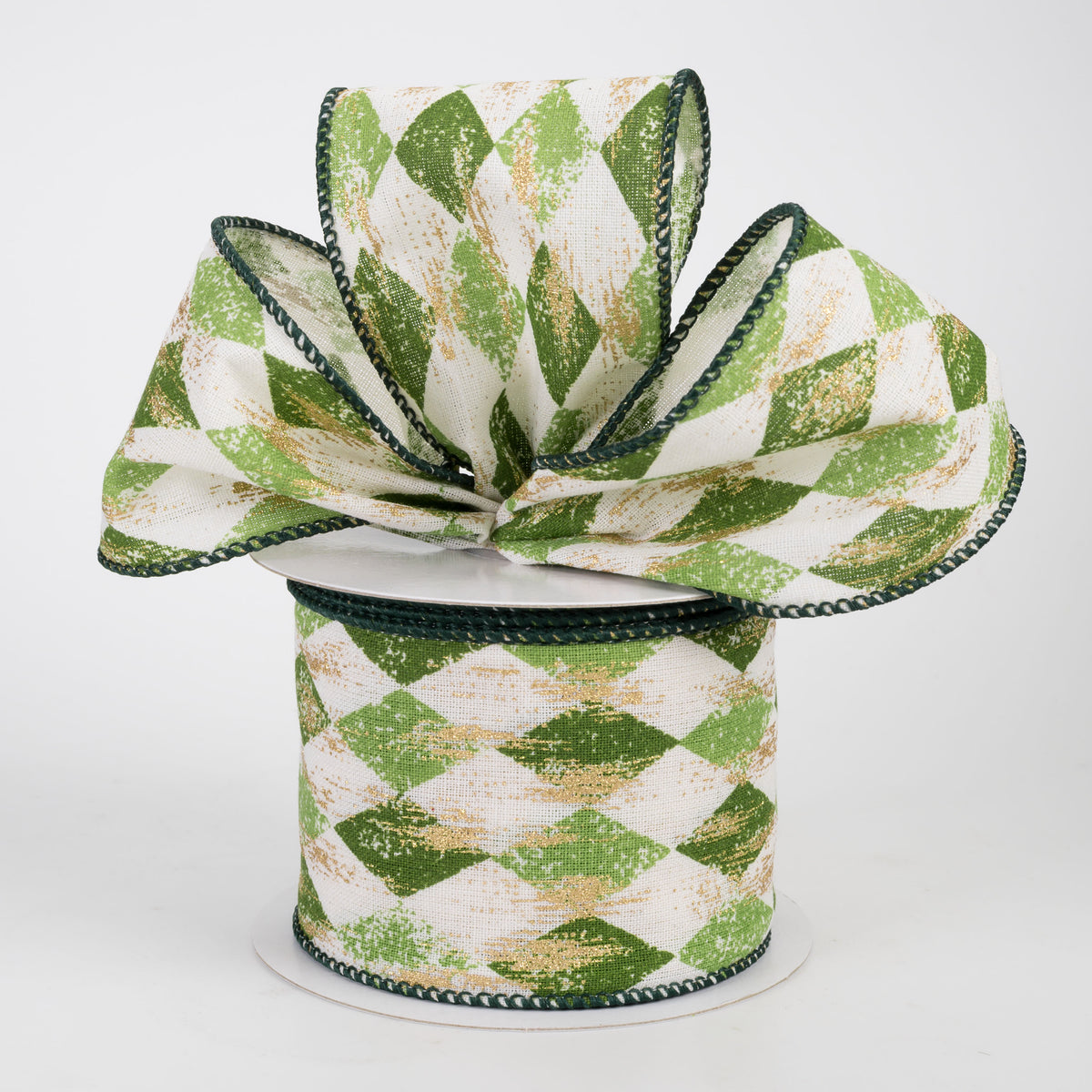 2.5" Canvas Harlequin Gold Painted Ribbon: Cream, Moss & Kiwi (10 Yards)