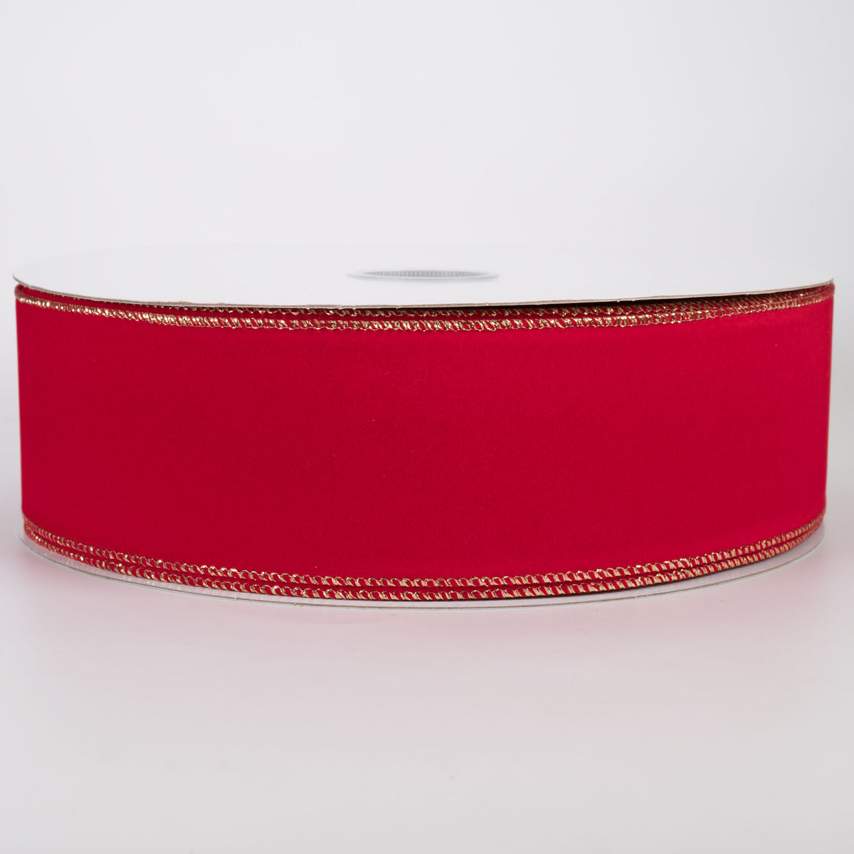 2.5" Stitched Edge Velvet Ribbon: Holiday Red with Gold (50 Yards)