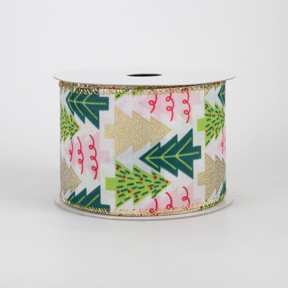 2.5" Art Deco Christmas Trees Satin Ribbon: Pink & Gold (10 Yards)