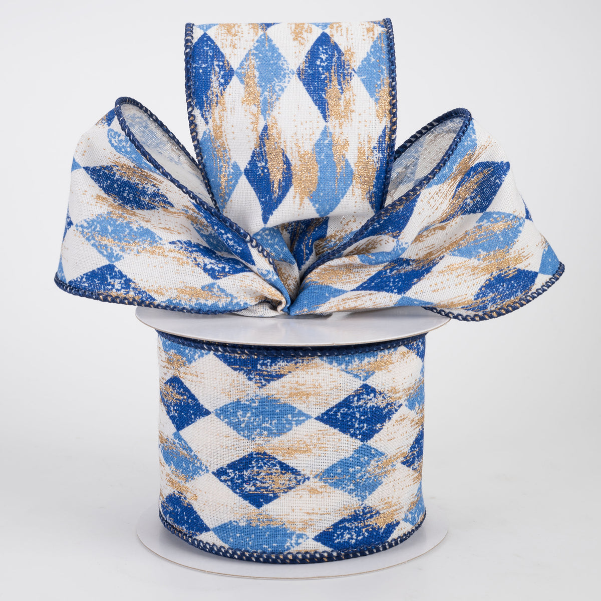 2.5" Canvas Harlequin Gold Painted Ribbon: Cream, Blue & Navy (10 Yards)