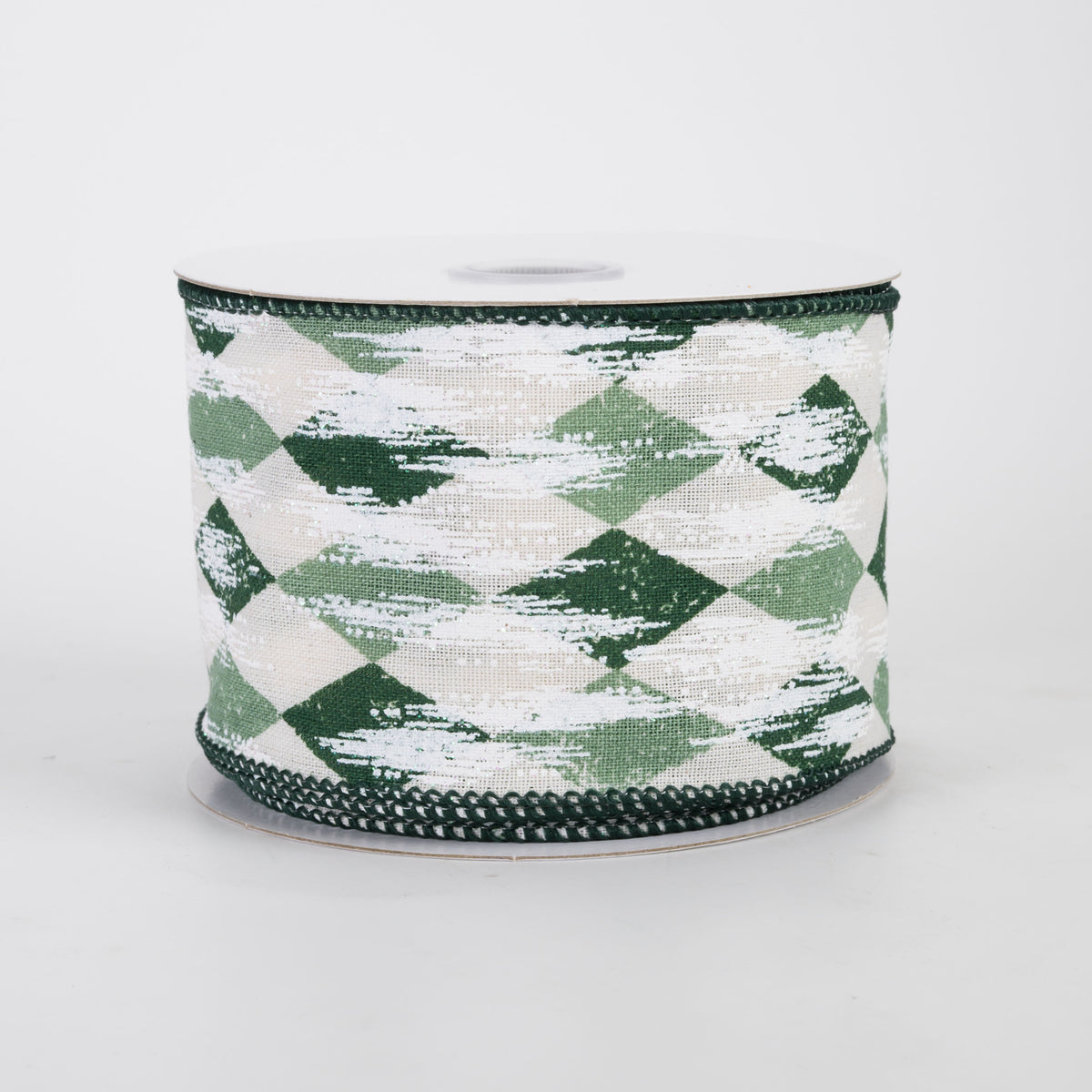 2.5" Canvas Harlequin White Painted Ribbon: Cream, Sage & Hunter (10 Yards)