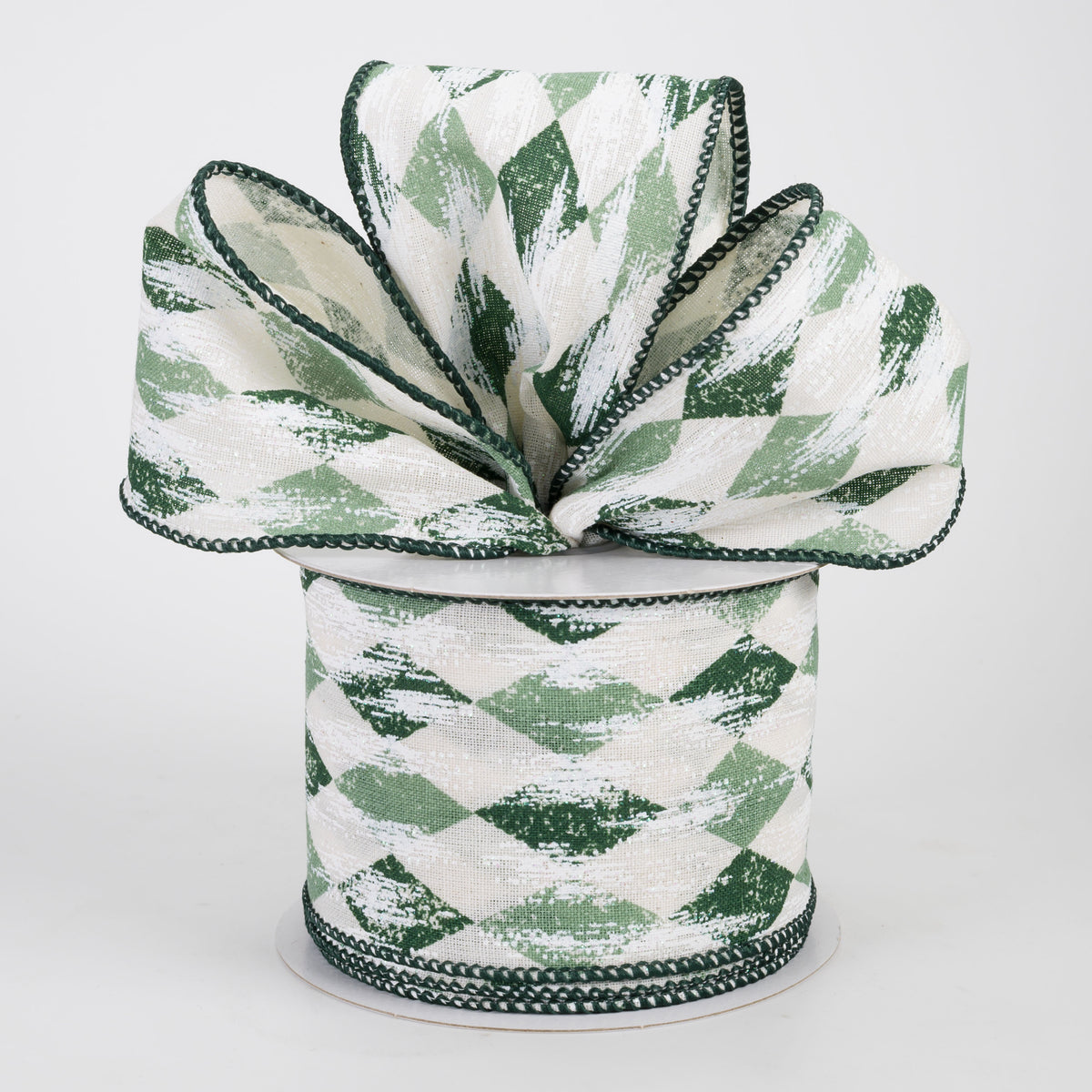 2.5" Canvas Harlequin White Painted Ribbon: Cream, Sage & Hunter (10 Yards)