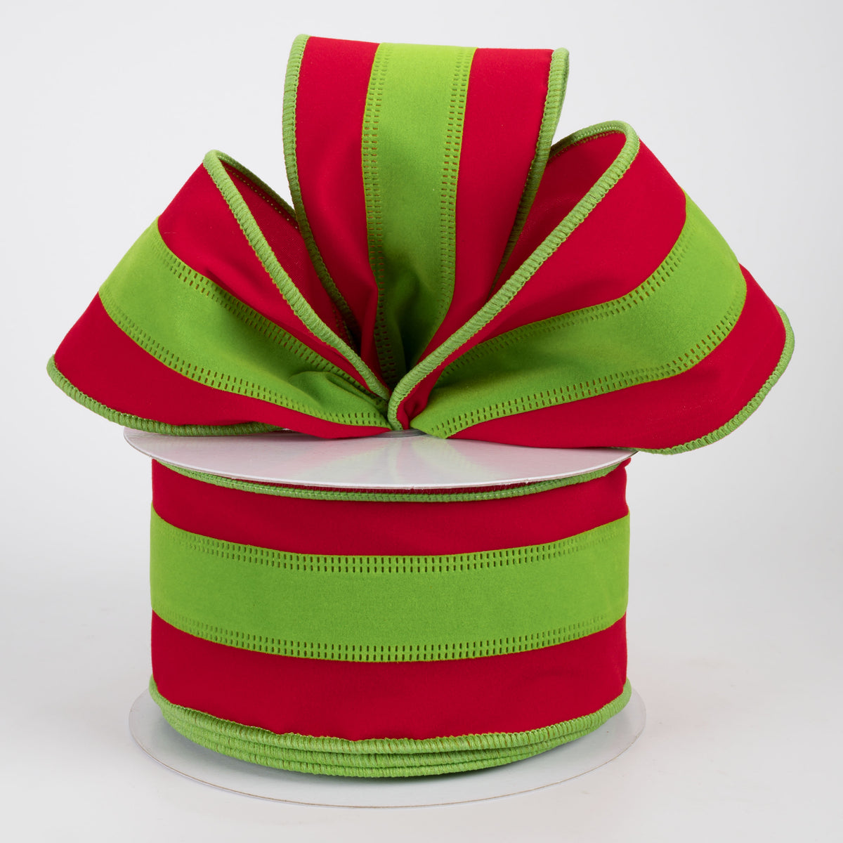 2.5" Velvet Center Stripe Ribbon: Red & Lime Green (10 Yards)